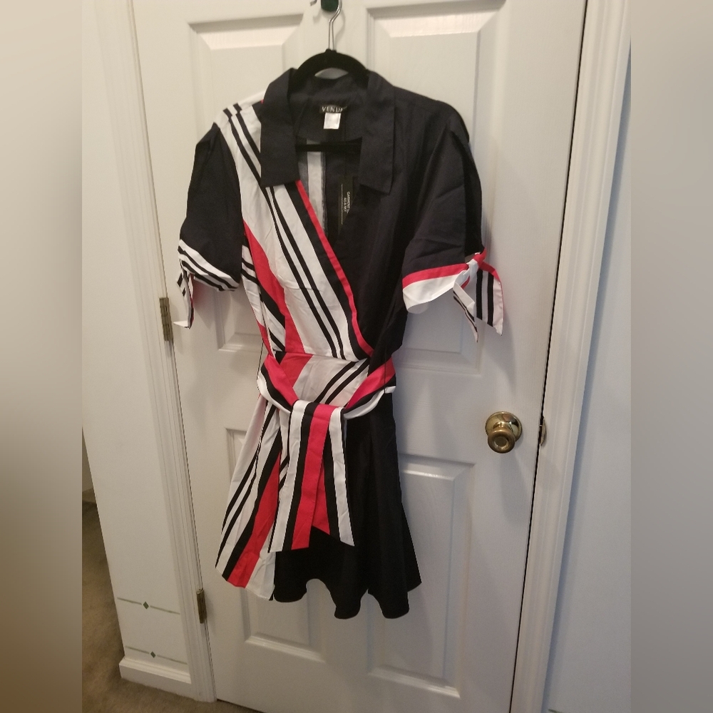 Stylish Black Dress with Red and White Accents